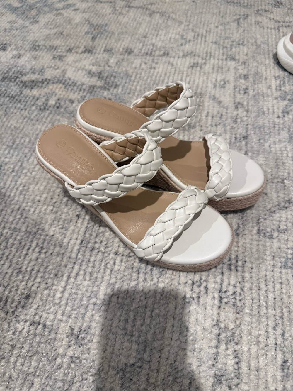 Womens White Braided Double-Strap Wedge Slides